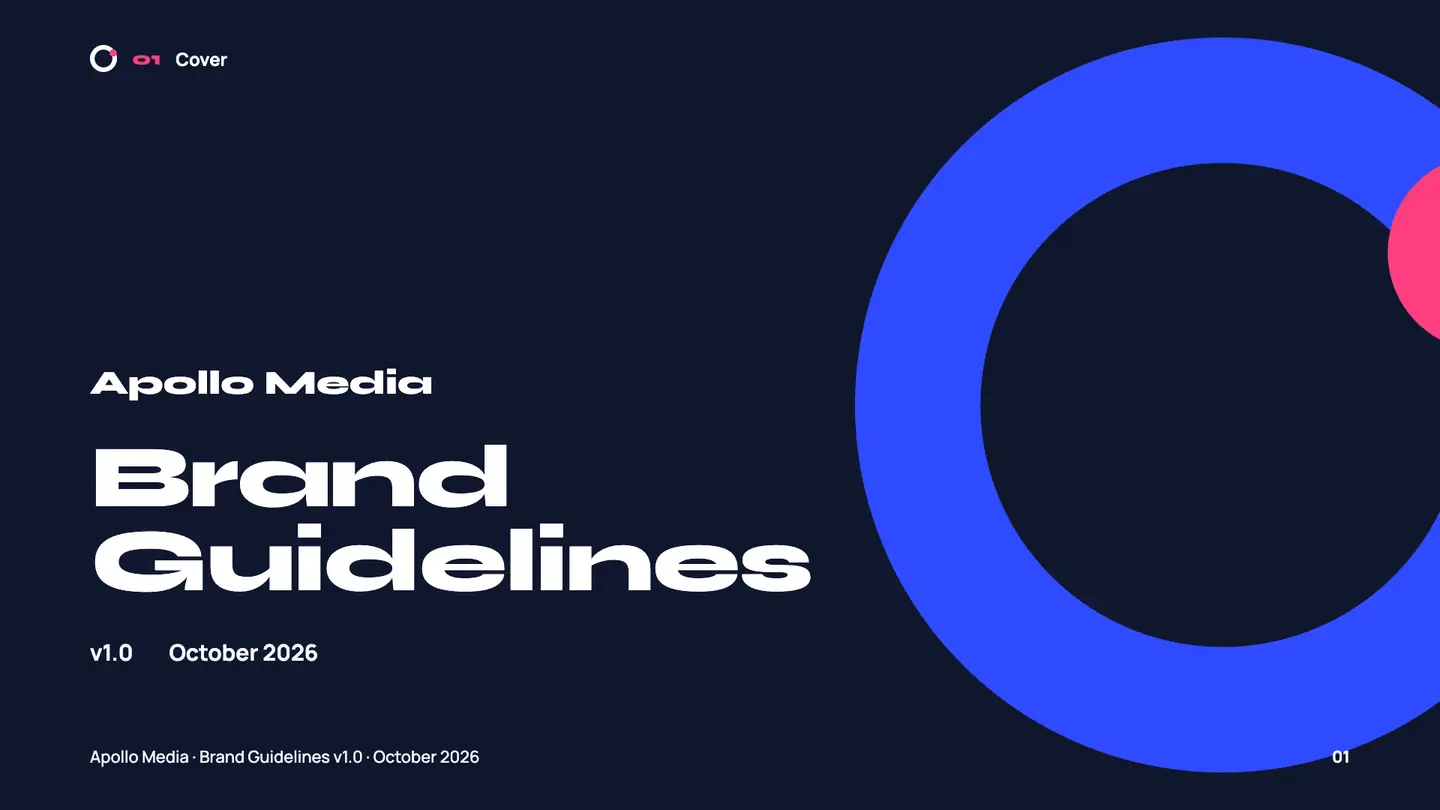 Apollo Media Brand Guidelines cover: the title on Space Navy beside a large Orbit Blue ring with a pink dot