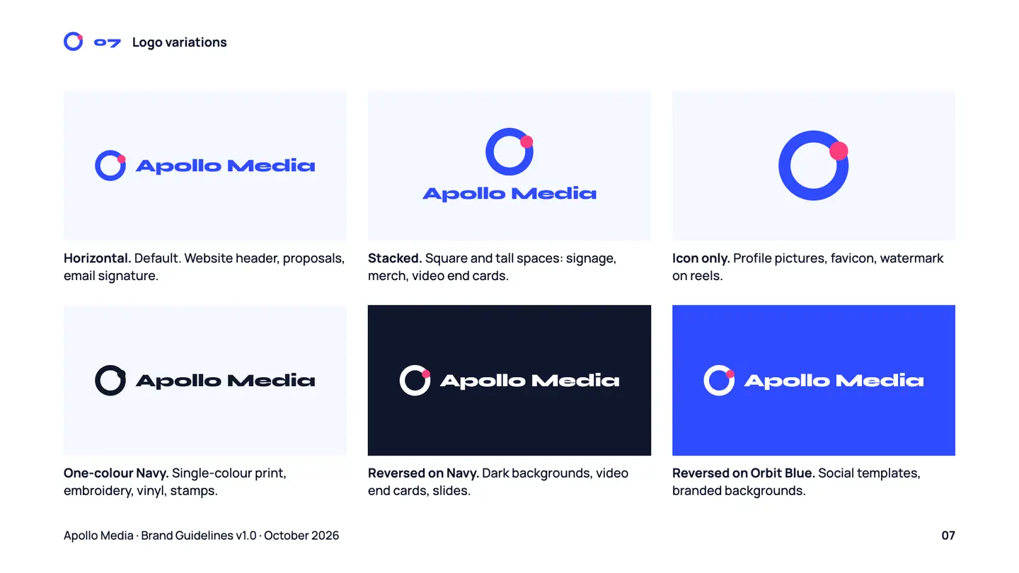 Logo variations page: horizontal, stacked and icon-only versions, plus navy and reversed versions on navy and blue
