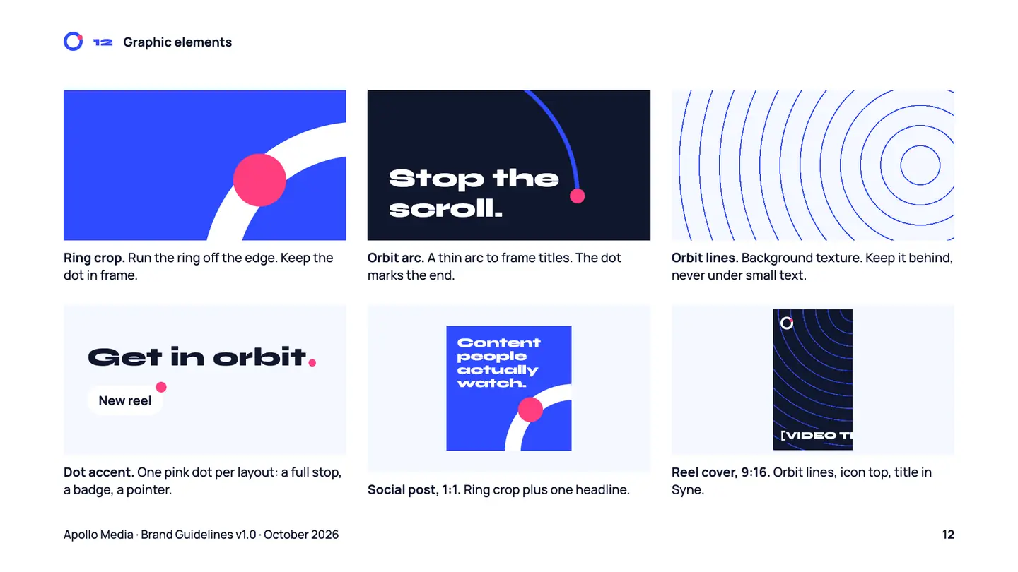 Graphic elements page: ring crop, orbit arc, orbit lines, dot accent, a square social post and a 9:16 reel cover