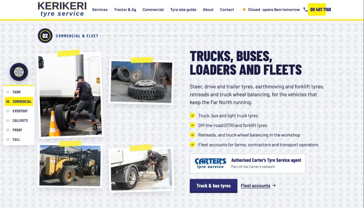 Kerikeri Tyre Service commercial and fleet page: photos of the team fitting truck and loader tyres beside a list of commercial services