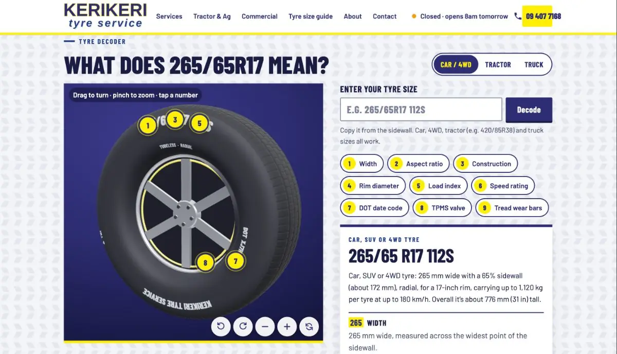 Kerikeri Tyre Service tyre decoder page: an interactive 3D tyre with numbered hotspots explaining what 265/65R17 means