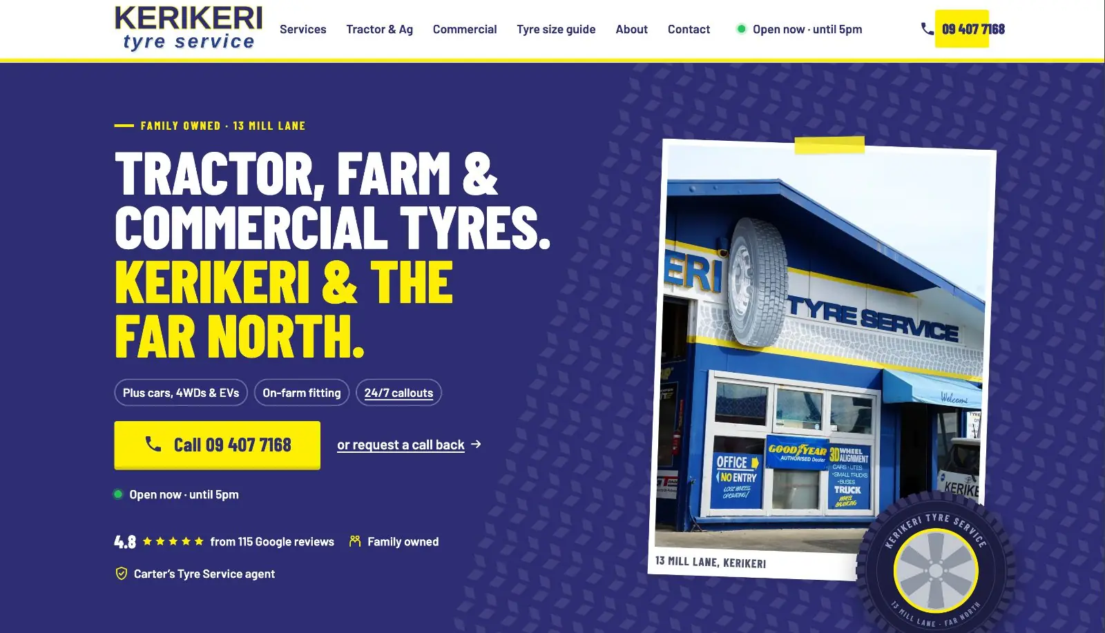 Kerikeri Tyre Service homepage: headline 'Tractor, farm and commercial tyres. Kerikeri and the Far North.', a yellow 'Call 09 407 7168' button, live 'Open now' status and a 4.8-star Google rating