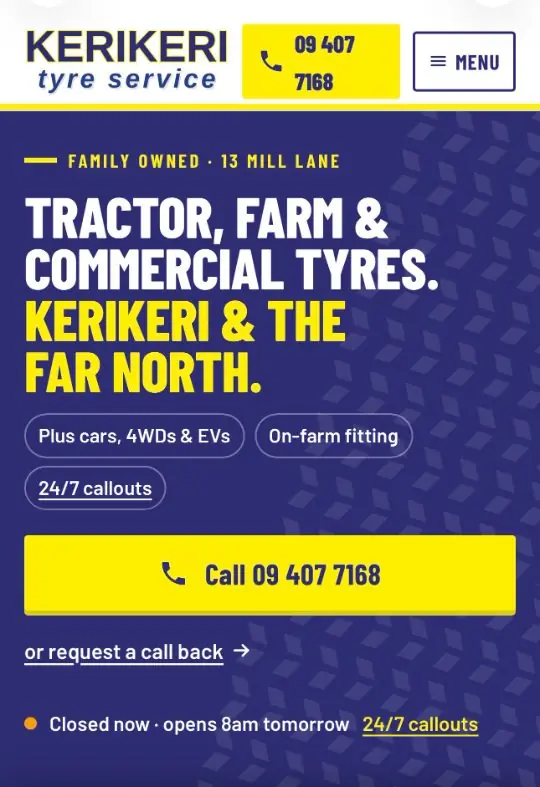 Kerikeri Tyre Service website on a phone: tractor, farm and commercial tyres headline with a full-width yellow 'Call 09 407 7168' button